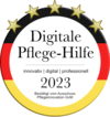 Rundes Siegel „Digitale Pflege-Hilfe 2023“ mit Sternen und Farben der Deutschlandflagge als Auszeichnung im Pflegebereich