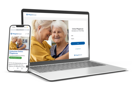 Laptop und Smartphone mit geöffneter Webseite zu kostenlosen Online-Pflegekursen | © PflegeBetreuer | unabhängige Pflegeberatung