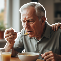 Älterer Mann mit Schluckbeschwerden isst Suppe bei Dysphagie und Pflegebedarf | © PflegeBetreuer | unabhängige Pflegeberatung