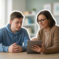 Pflege und Pflegegrad bei Autismus – Mutter informiert sich mit ihrem Sohn über Leistungen der Pflegekasse | © PflegeBetreuer | unabhängige Pflegeberatung