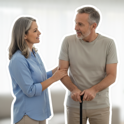 Pflegekraft spricht mit Mann mit Gehstock im Wohnzimmer über Pflege und Pflegegrad bei Multiple Sklerose | © PflegeBetreuer | unabhängige Pflegeberatung