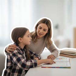 Mutter unterstützt ihr Kind am Schreibtisch mit Lernplan und Symboltafel – Pflege und Pflegegrad bei ADHS im familiären Alltag | © PflegeBetreuer | unabhängige Pflegeberatung