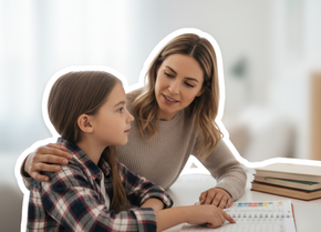 Mutter unterstützt ihr Kind am Schreibtisch mit Lernplan und Symboltafel – Pflege und Pflegegrad bei ADHS im familiären Alltag | © PflegeBetreuer | unabhängige Pflegeberatung