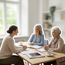 Beratungsgespräch in einer Pflegeberatungsstelle mit zwei Frauen und einer Beraterin | © PflegeBetreuer | unabhängige Pflegeberatung