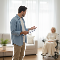 Pflegesachverständiger führt eine Begutachtung bei einer Seniorin im Rollstuhl durch | © PflegeBetreuer | unabhängige Pflegeberatung