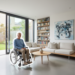 Senior im Rollstuhl in barrierefreiem Wohnzimmer nach wohnraumverbessernden Maßnahmen | © PflegeBetreuer | unabhängige Pflegeberatung