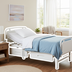 Modernes Pflegebett mit verstellbarer Liegefläche in einem hellen Schlafzimmer | © PflegeBetreuer | unabhängige Pflegeberatung