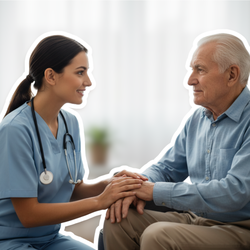 Pflegekraft mit Stethoskop sitzt im Wohnzimmer und hält die Hände eines älteren Mannes – Pflegedienst für Demenzkranke im persönlichen Gespräch | © PflegeBetreuer | unabhängige Pflegeberatung