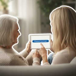 Tochter unterstützt ihre Mutter dabei, den Pflegegrad richtig online zu beantragen | © PflegeBetreuer | unabhängige Pflegeberatung