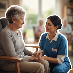 Pflegekraft betreut Seniorin liebevoll in der Kurzzeitpflege | © PflegeBetreuer | unabhängige Pflegeberatung