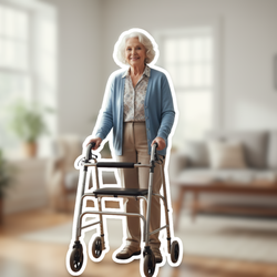 Seniorin mit Rollator steht im Wohnzimmer – häufige Fragen zu den Pflegegraden | © PflegeBetreuer | unabhängige Pflegeberatung