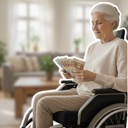 Seniorin im Rollstuhl zählt Pflegeunterstützungsgeld in Form von Euro-Scheinen | © PflegeBetreuer | unabhängige Pflegeberatung