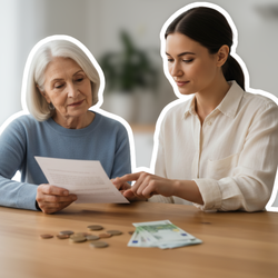 Ältere Frau und Angehörige prüfen gemeinsam einen Bescheid zum Pflegegeld am Tisch, während Bargeld und Münzen davor liegen | © PflegeBetreuer | unabhängige Pflegeberatung