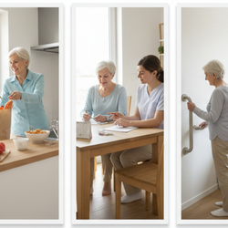 Collage zeigt Seniorin bei Alltagsunterstützung durch Pflegekraft – Unterschiede zwischen Pflegegrad 1 bis 5 im Überblick | © PflegeBetreuer | unabhängige Pflegeberatung