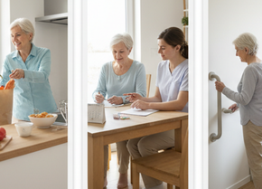 Collage zeigt Seniorin bei Alltagsunterstützung durch Pflegekraft – Unterschiede zwischen Pflegegrad 1 bis 5 im Überblick | © PflegeBetreuer | unabhängige Pflegeberatung