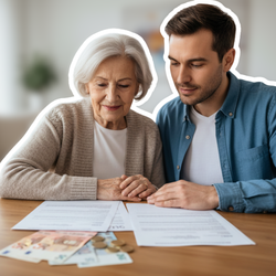 Seniorin und Angehöriger prüfen gemeinsam Unterlagen und Geldscheine zu Geldleistungen & Pflegegrade am Wohnzimmertisch | © PflegeBetreuer | unabhängige Pflegeberatung