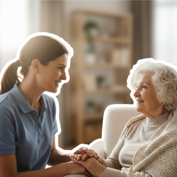 Pflegekraft sitzt lächelnd mit Seniorin im Wohnzimmer zusammen – Informationen zu Pflege ab 2025 mit Pflegegeld, Pflegesachleistung und Änderungen der Pflegereform | © PflegeBetreuer | unabhängige Pflegeberatung