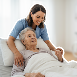 Pflegekraft betreut bettlägerige Seniorin im Schlafzimmer, Rollstuhl im Hintergrund – typische Situation bei Pflegegrad 4 | © PflegeBetreuer | unabhängige Pflegeberatung