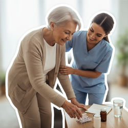 Pflegekraft unterstützt Seniorin bei der Medikamenteneinnahme im Wohnzimmer – typische Alltagssituation bei Pflegegrad 3 | © PflegeBetreuer | unabhängige Pflegeberatung