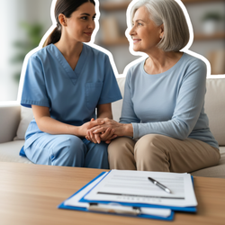 Pflegekraft sitzt neben Seniorin auf dem Sofa und hält ihre Hand – Beratungsgespräch zu Pflegestufen und Pflegeleistungen | © PflegeBetreuer | unabhängige Pflegeberatung