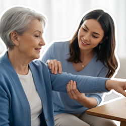 Angehörige unterstützt Seniorin beim Greifen nach Medikamenten am Tisch – Alltagssituation bei Pflegegrad 2 | © PflegeBetreuer | unabhängige Pflegeberatung