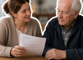 Pflegende Angehörige sitzt mit ihrem pflegebedürftigen Vater am Tisch, hält ein Dokument in der Hand und schaut hoffnungsvoll, während am Rand einige Euro-Münzen liegen.