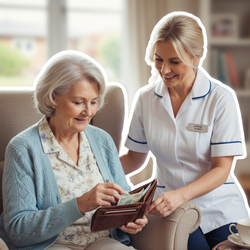 Ältere Frau mit Pflegekraft bespricht Finanzierung des Pflegedienstes | © Pflegegrad | unabhängige Pflegeberatung