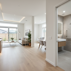 Barrierefreies Badezimmer mit bodengleicher Dusche und Haltegriffen in modernem Wohnraum – Beispiel für altersgerecht umbauen mit Förderungen | © PflegeBetreuer | unabhängige Pflegeberatung