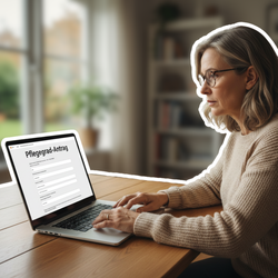 Frau füllt online Pflegegrad-Antrag am Laptop aus | © PflegeBetreuer | unabhängige Pflegeberatung