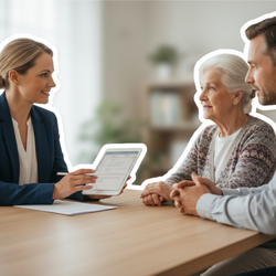 Pflegeberaterin bespricht mit Seniorin und Angehörigem am Tisch die Unterlagen zur Wiederholungsbegutachtung nach Pflegegrad-Einstufung | © PflegeBetreuer | unabhängige Pflegeberatung