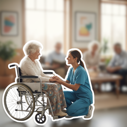 Pflegekraft spricht einfühlsam mit Seniorin im Rollstuhl in einer Einrichtung für betreutes Wohnen | © PflegeBetreuer | unabhängige Pflegeberatung