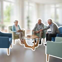 Senioren spielen Schach und lesen gemeinsam in einem hellen Gemeinschaftsraum in einem Pflegeheim | © PflegeBetreuer | unabhängige Pflegeberatung