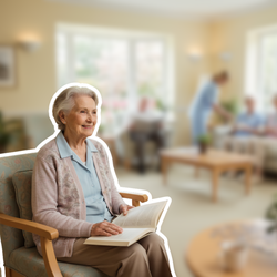 Seniorin sitzt lesend im Aufenthaltsraum eines Seniorenheims | © PflegeBetreuer | unabhängige Pflegeberatung