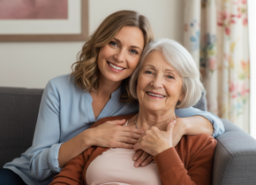 Pflegende Angehörige sitzt lächelnd neben einer älteren Frau auf dem Sofa | © PflegeBetreuer | unabhängige Pflegeberatung